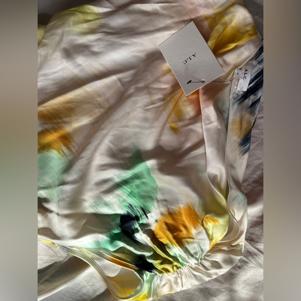 A.L.C One Shoulder Abstract Print Ruched Maxi Dress Size 0 Multicolor Silk Blend - Picture 8 of 16